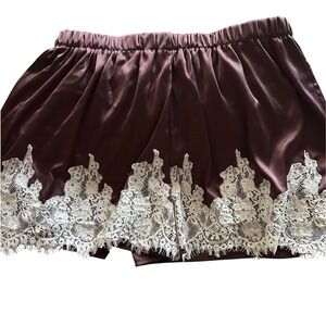 Unbranded Brown Satin Lounge Shorts with White Lace Trim Size Large Mens Womens